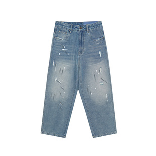 美国ELEMENT滑板牛仔裤男蓝色复古拔白印花泼墨做旧休闲直筒长裤
