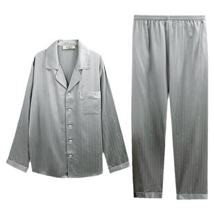 美标真丝睡衣丝绸19姆米100%桑蚕丝绸男家居服套装条纹高档