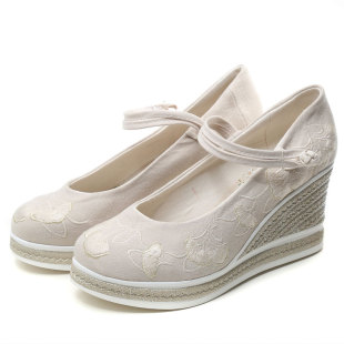 春厚底增高古风鞋子女款汉服鞋高跟中式配国风旗袍的坡跟绣花布鞋