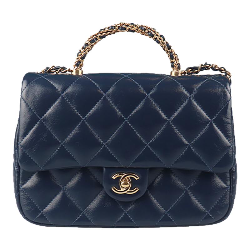 【自营】中古95新CHANEL香奈儿口盖包深蓝色抛光小羊皮迷你斜挎包