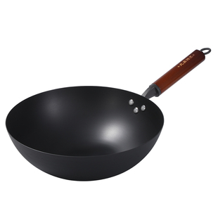 九鼎铸匠炒菜锅家用无涂层老式平底圆底精铁锅防滑氮化窒化熟铁锅