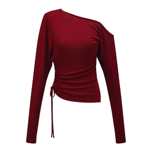 DPLAY【惠品】秋季红色t恤女时候复古长袖上衣露肩打底衫