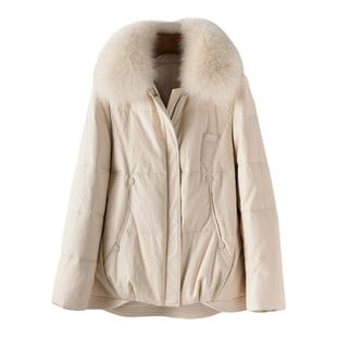 海宁皮衣女常规狐狸毛领米白色韩版宽松真皮外套新款绵羊皮羽绒服