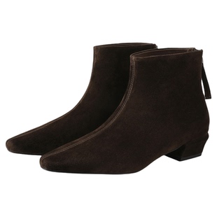 妙丽羊皮小短靴女2025新款反绒皮靴子女款冬季加绒方头经典瘦瘦靴