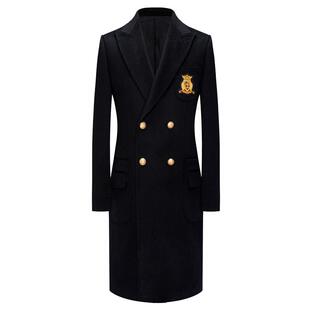 本派意式羊绒羊毛面料金扣商务休闲徽章黑手工修身风衣毛呢大衣男