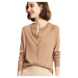 MintSiren珍珠圆领针织开衫纯羊毛薄款长袖毛衣女装2025秋季新品