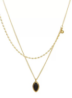 法式双层叠戴椭圆吊坠项链