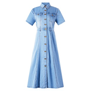 Navigare意大利小帆船复古短袖牛仔裙女26春夏新品长款收腰连衣裙