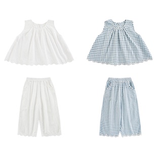 幼悠女童2025夏季套装儿童蓝色格子娃娃衫九分直筒梭织裤多件套潮