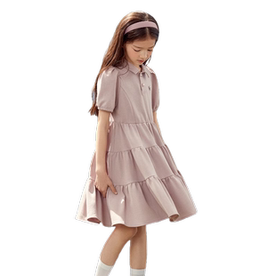 【特价】女童紫色连衣裙夏季中大童灯笼袖短袖裙子儿童POLO公主裙