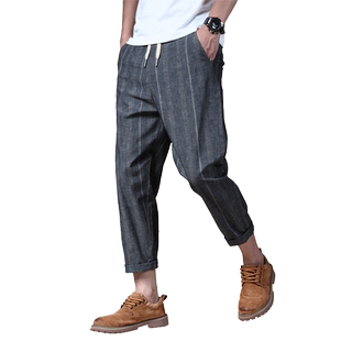 香港夏季薄款九分裤男款休闲裤宽松8痞帅条纹锥形9分裤哈伦潮高级