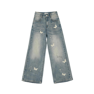 自然涩美式直筒牛仔裤女款2026春季新款蝴蝶印花水洗阔腿长裤子冬