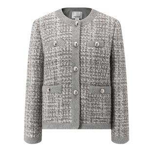 EVAOUXIU静奢粗花呢绵羊毛毛呢大衣亮片小香风夹棉轻厚短外套女冬