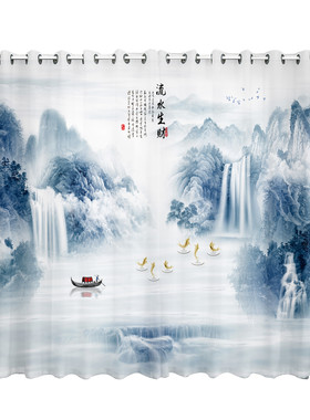 新中式窗帘山水画透光不透人纱帘