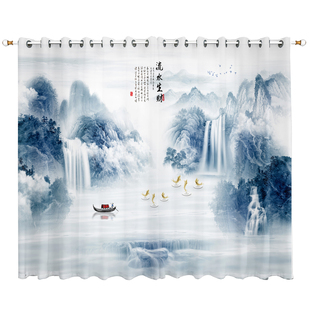 新中式窗帘遮光中国风景古典山水墨画客厅阳台透光不透人隔断纱帘