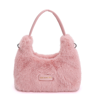 毛绒包包女高级感单肩包粉色手提包2025新款秋冬毛毛包小众斜挎包