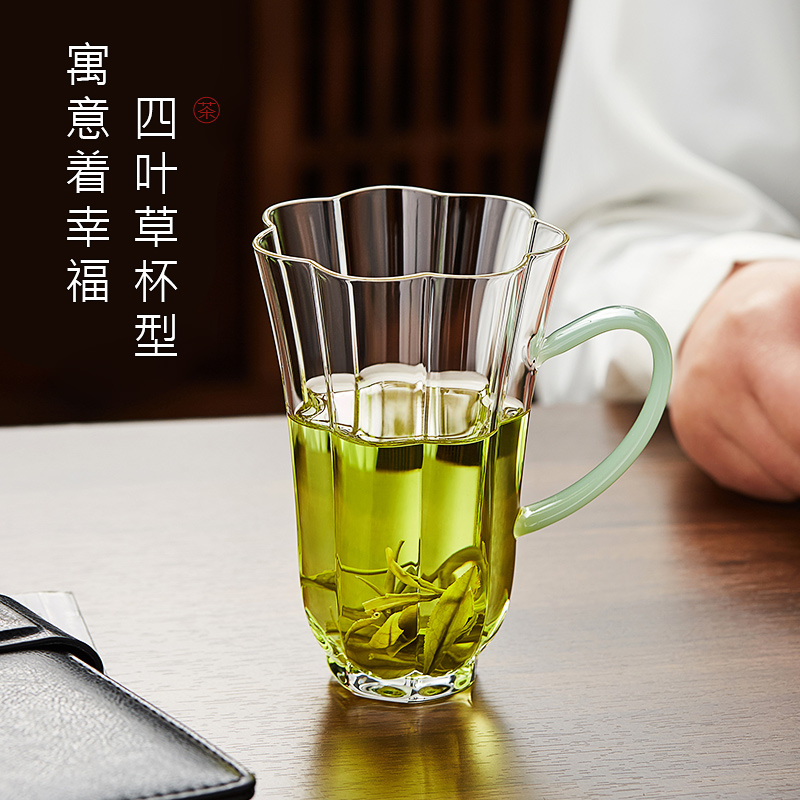 喝茶专用绿茶杯日式泡茶水杯女士花茶玻璃杯带把手家用耐高温杯子