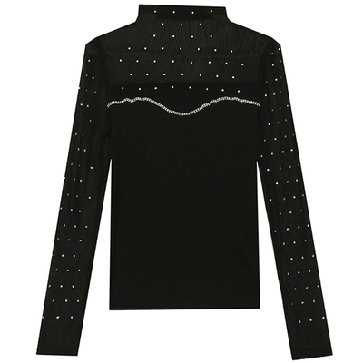 网纱拼接打底衫女长袖半高领上衣