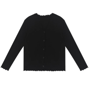 大码胖MM瘦遮肚长袖上衣宽松胖妹妹木耳边内搭v领针织开衫外套女