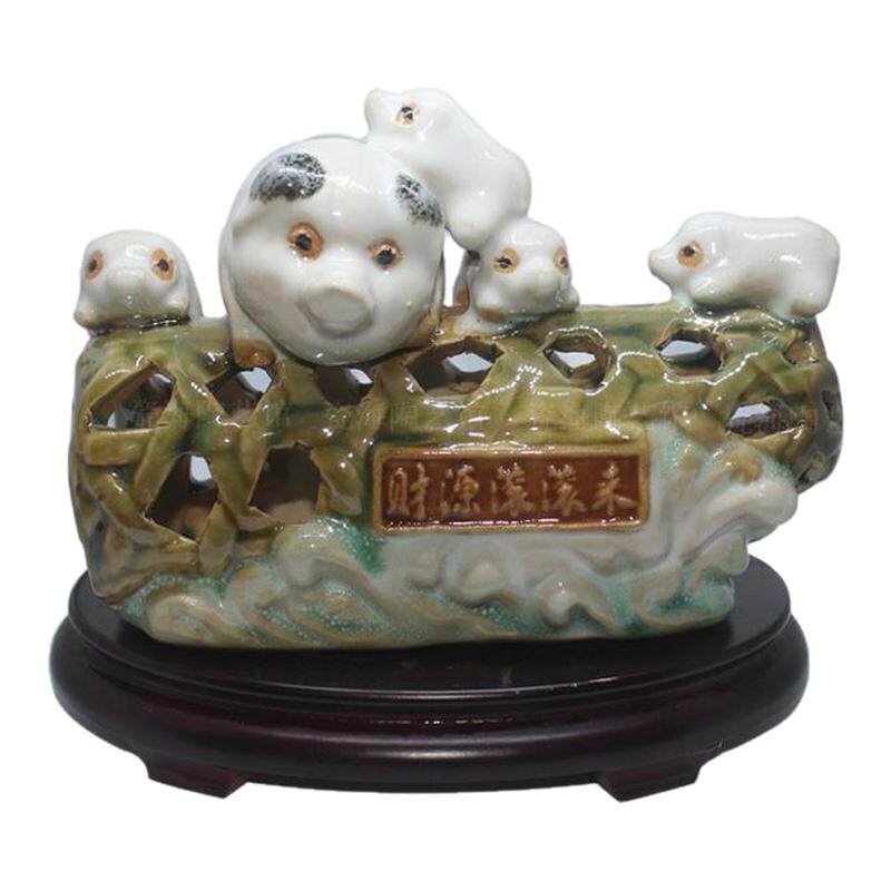五福猪陶瓷摆件猪笼入水摆件石湾扭曲雕塑品