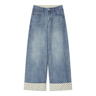 UNRETRO 复古翻边拼接波点直筒高腰牛仔裤女小个子宽松休闲长裤