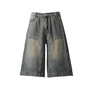 Point lamp美式复古水洗做旧设计牛仔短裤男女潮牌宽松阔腿五分裤