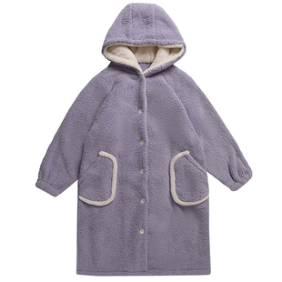 珊瑚绒睡袍女士秋冬季加绒加厚连帽长袍浴袍长款法兰绒睡衣家居服