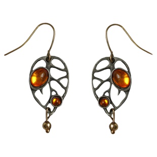 Vintage古着Ancient silver leaves, orange gemstones复古耳环