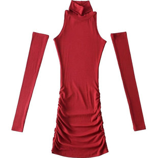 春秋欧美甜辣妹挂脖连衣裙纯欲性感高领紧身修身小个子包臀短款裙