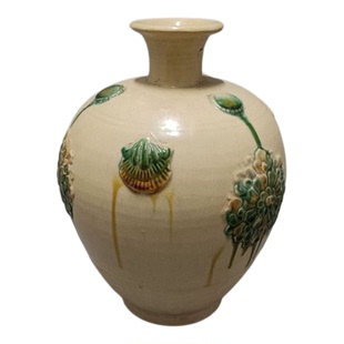 仿古陶瓷瓶巩县窑三彩雕花瓶博古架摆件古典艺术出国礼品拍报道具