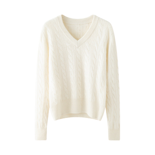 Cashmere~2026年复古V领麻花山羊绒衫女士宽松慵懒风针织毛衣灰色