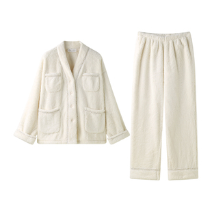 曼系“气质姐姐”珊瑚绒睡衣女秋冬季简约高级保暖小香风毛绒套装