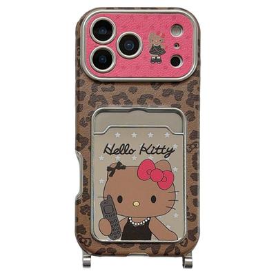 jze日韩甜酷可爱豹纹波点kitty猫卡包适用苹果17ProMax手机壳iphone15新款16pro女13带挂绳15pro防摔保护套14