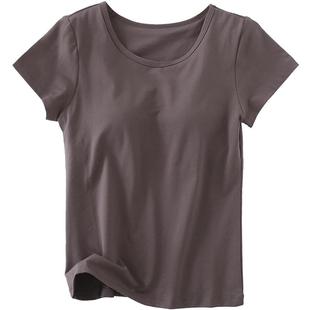 纯棉短袖T恤带胸垫无钢圈透气模杯文胸罩杯一体纯色圆领外穿半袖