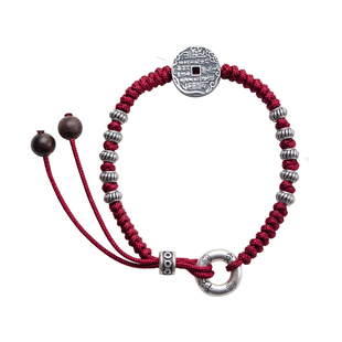 山鬼花钱手链纯银男女新款本命年红手绳足银平安扣编绳手串