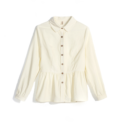 2024春秋新款复古文艺纯棉白色灯芯绒衬衫女收腰显瘦百搭碎褶上衣
