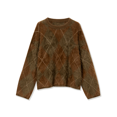 SUK 巴黎假日! 100%羊绒复古时髦宽松显瘦英伦风格子圆领毛衣