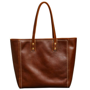 二十四街  通用牛皮横款通勤托特包复古真皮手提包单肩大包电脑包