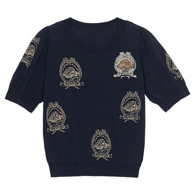 谜底套头针织衫短袖女夏季新品复古文艺风提花上衣242MZ0856