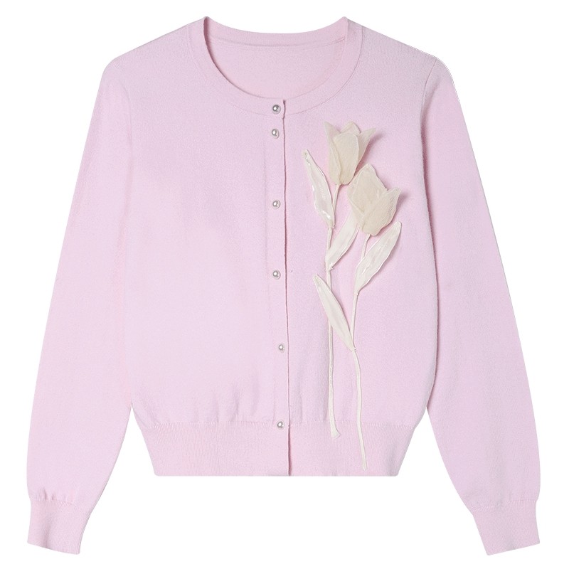 白鹿语法式甜美风立体花朵针织衫