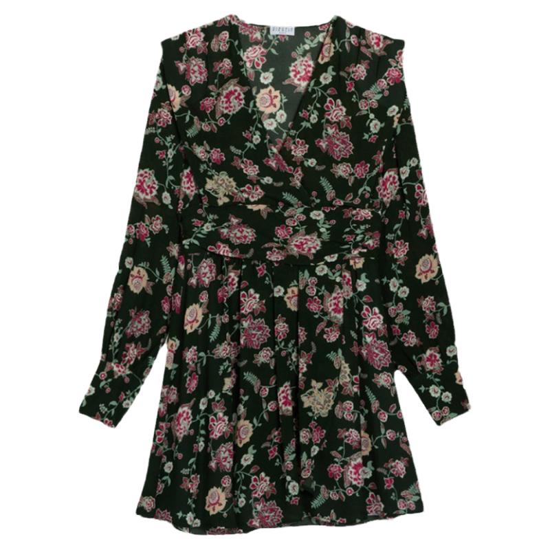 法国专柜现货claudie pierlot时尚碎花系腰v领收腰连衣裙法式茶歇
