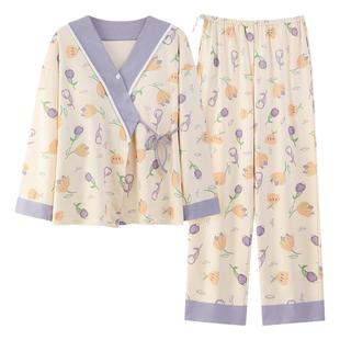 浪莎月子服孕妇睡衣春秋带胸垫纯棉大码产后哺乳系带式家居服套装