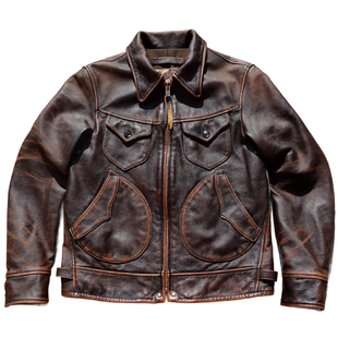 门多萨茶心牛皮石磨擦色做旧咔叽美式复古工装西部农场主真皮衣