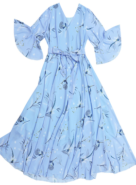 2022年新款连衣裙女夏季新品碎花大码长款蓝色长裙气质春夏裙子仙