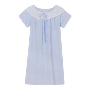 馨帮帮Homedress 甜美蕾丝娃娃领系带睡衣女款夏条纹宽松长款睡裙