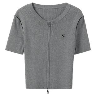 ibudu2025夏季新款坑条针织衫圆领拉链开衫短袖修身短款女