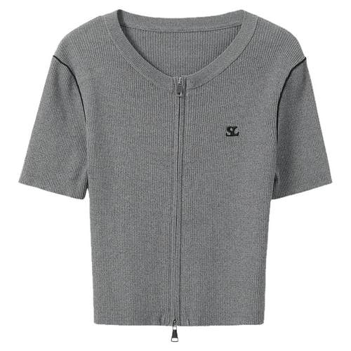 ibudu2025夏季新款坑条针织衫圆领拉链开衫短袖修身短款女