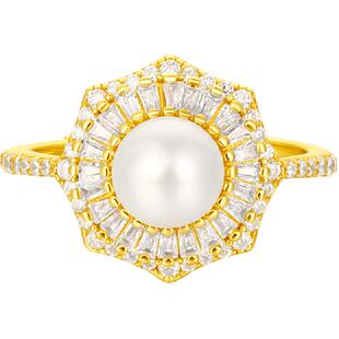 梦金园复古珍珠戒指锆石银指环活口食指戒高级花型显大银手饰女士