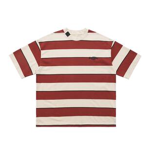 日系复古夏季青年重磅350g全棉刺绣条纹撞色下摆开衩五分短袖T恤