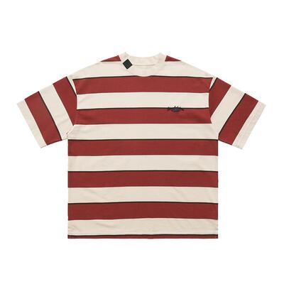 日系复古夏季青年重磅350g全棉刺绣条纹撞色下摆开衩五分短袖T恤